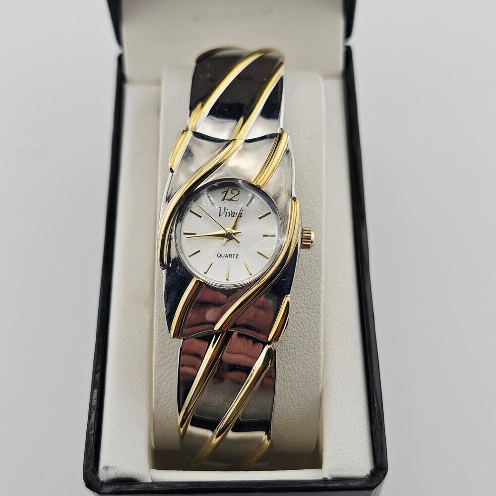 Vivani Two Tone Cuff Watch Silver Gold Stripe Elevated Basic Dressy Evening